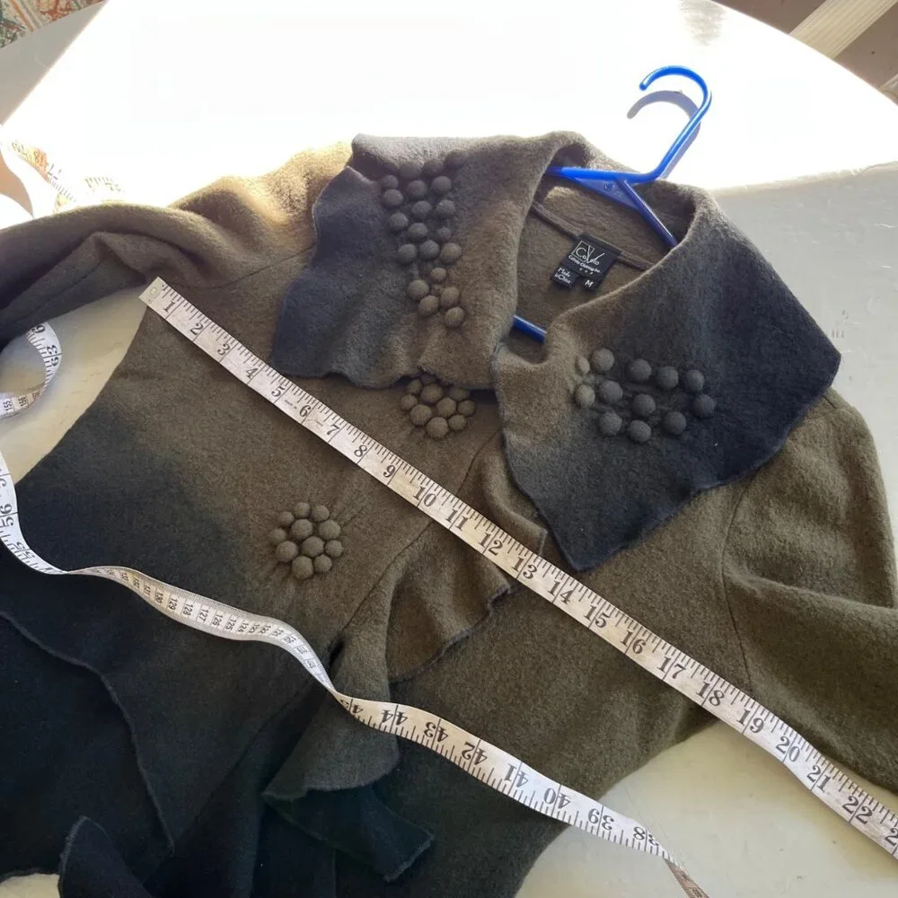 Vintage y2k CoVelo Green Fairy Cottagecore Art To Wear Boiled Wool Jacket Size M - Picture 7 of 9